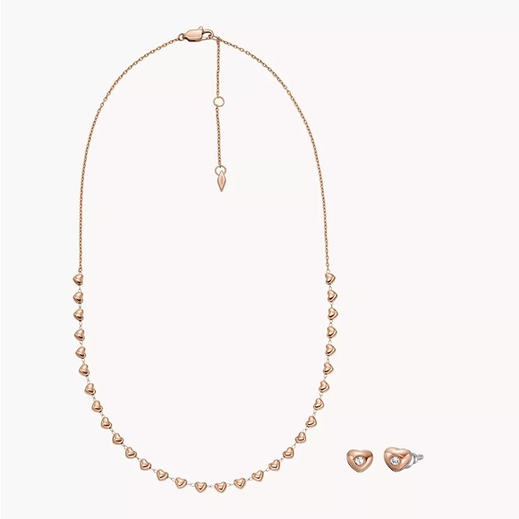 Fossil Rose Gold Tone Stainless Steel Hearts Necklace & Earring Set - Picture 1 of 10